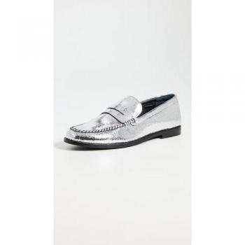 Pale Pewter Leather Blanket Stitch Loafers for Women, Size US 9