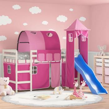 Cama alta para niños con torre de madera de pino rosa 80x200 cm