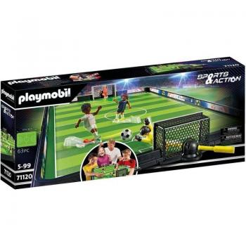 PLAYMOBIL Sports & Action 71120 Campo de fútbol, Futbolín para niños, 2 porteros, 2 futbolistas con función de Patada, 3 balones de futbolín, Juguet