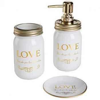 MONTEMAGGI Juego de baño de 3 piezas de cristal blanco y letras doradas con detalles de metal dorado