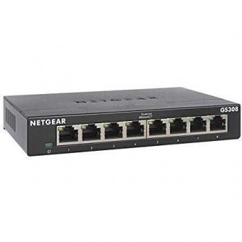 NETGEAR Switch 8 puertos Gigabit Unmanaged GS308, Switch Ethernet doméstico, switch de oficina, plug-and-play, carcassa metálica, montaje sobremesa/pared, Color Negro