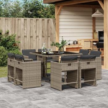 9-Piece Grey Poly Rattan Garden Dining Set with Cushions