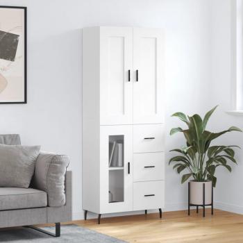 Aparador alto de madera contrachapada blanco 69,5x34x180 cm con 1 puerta de cristal y 3 cajones, mueble de almacenaje para salón, buffet, armario auxiliar y armario de almacenamiento