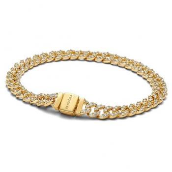 Pulsera de Cadena Cubana Pavé Dorada Pandora - 18 cm, Plata de Ley y Circonitas Cúbicas