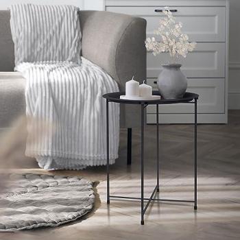 Mesa Auxiliar Redonda Plegable de Metal Antracita Ø43x52 cm con Bandeja Extraíble para Interior/Exterior