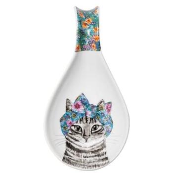 Soporte decorativo para cucharas de porcelana Mikasa Tipperleyhill, diseño ilustrado de gato y flores, apto para lavavajillas, 21 x 11 cm