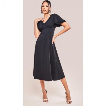Goddiva Flare Sleeve Frill Edge Midi Dress - Black - Size 12 UK