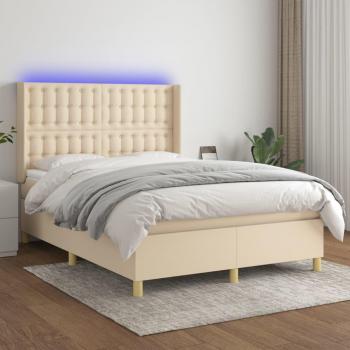 Cama Box Spring con colchón y luces LED, tela crema, 140x200 cm