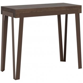 Consola extensible de madera oscura y patas metálicas marrón para 14 personas, 90x40/300 cm, modelo Rino