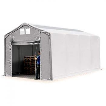 Carpa industrial Toolport 4x8 m con puerta levadiza, PVC 850 N, claraboya, 100% impermeable, color gris, altura lateral de 3 m