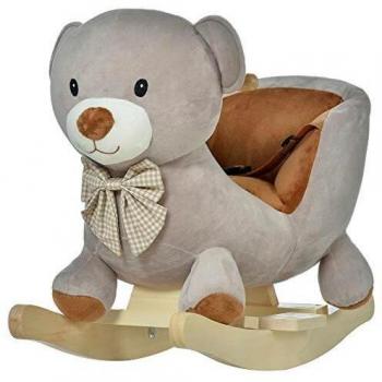 HOMCOM Caballito Balancín para Bebé de +18 Meses Caballo Balancín de Peluche Suave con Forma de Oso con Sonido Manillar y Reposapiés 60x33x50 cm Gris