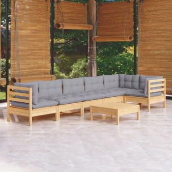 7-Piece Pinewood Garden Lounge Set with Gray Cushions