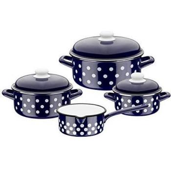 Set de Ollas GSW Pünktchen 7 Piezas, Acero Esmaltado, Azul y Blanco, Incluye Escala de Litros, Compatible con Inducción