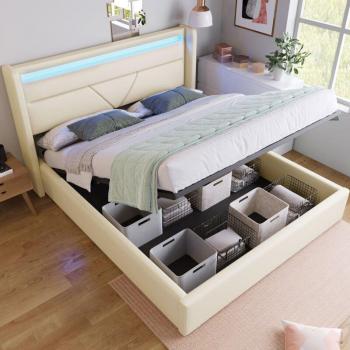 Cama Contenedor Hidráulica 140x200 cm Tapizada con Tira LED y Mando a Distancia, Blanca