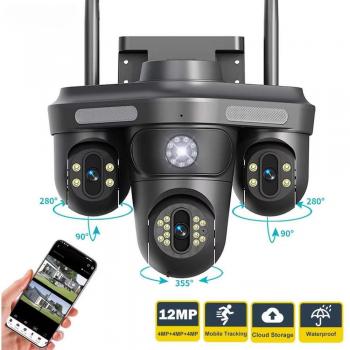 Cámara IP WiFi 6K 12MP para exteriores, triple lente, tres pantallas, zoom 10X, vista panorámica, cámara de seguridad PTZ con detección de movimiento y videovigilancia de 8MP