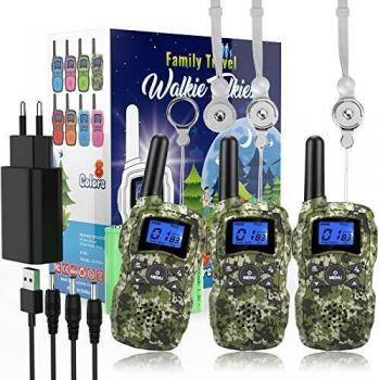 Wishouse M8 Walkie Talkie Niños Recargable Usb 3X3000mAh Bateria, Walky Talky Largo Alcance, Cámping Juegos Policia Juguetes with Linterna, Navidad Cumpleaños Regalos por la Familia Camuflaje 3 Piezas