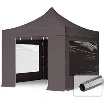 Carpa Plegable 3x3m Premium Acero 40mm con Laterales y Ventanas Panorámicas, Gris Oscuro