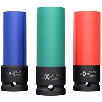 Juego de 3 vasos de impacto con protectores para llantas de aluminio 17 mm, 19 mm, 21 mm para atornillador de impacto de WIESEMANN 1893 | 0,5 I 80058