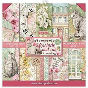 STAMPERIA INTERNATIONAL, KFT Libreta de Scrapbooking, 10 Hojas, 20,3 x 20,3 cm, orquídeas y Gatos, 20.3cmX20.3cm
