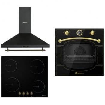 Conjunto Solthermic 3 en 1: Placa Vitrocerámica 4 Fuegos PVTC60, Campana Decorativa 60cm y Horno Eléctrico Extra Amplio 78L Negro Rústico