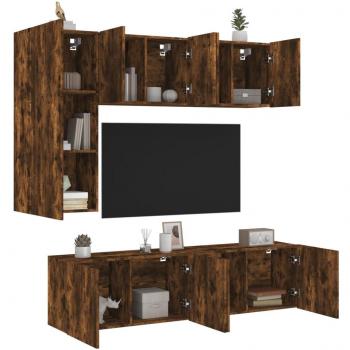 Mueble de TV de pared 5 piezas en madera de ingeniería, color roble ahumado marrón