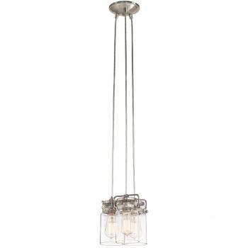 Lámpara colgante Brinley, níquel cepillado, vidrio, 3 luces, estilo retro