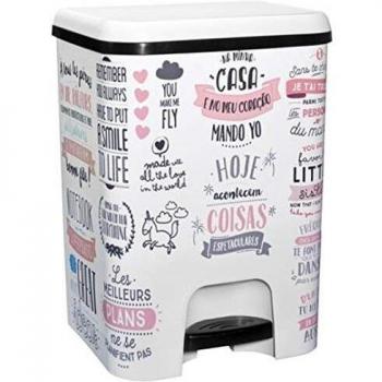 Great Plastic Cubo de Basura con Pedal Class 26 litros en Color Blanco con Textos, Plastico, 26 L