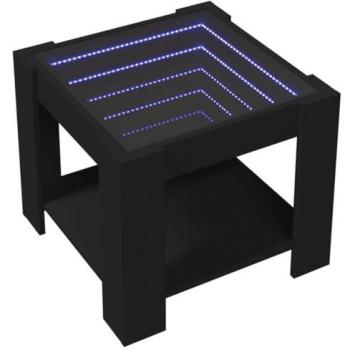 Mesa de centro con LED, madera de ingeniería negra, tamaño 53x53x45 cm