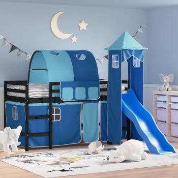 Cama alta infantil con torre de madera de pino macizo azul 80x200 cm