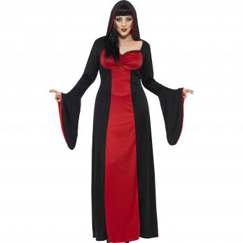Disfraz de Vampiresa Siniestra para Mujer - Rojo y Negro, Vestido Largo con Capucha - Talla XXXL