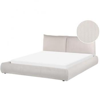 Cama King Size Tapizada en Pana Beige 160 x 200 cm con Base de Listones y Cabecera Acolchada Gruesa Vinay