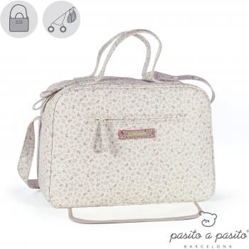 Pasito a Pasito - Bolsa canastilla o bolso para silla de paseo Laforet en polipiel beige estmpada con flores