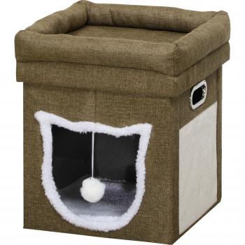 PawHut Cama Cueva para Gatos con Rascador Cojín Suave Bola Colgante y Marco de Madera 39x39x42 cm Marrón