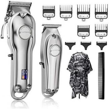 SUPRENT® Cortapelos para hombres, maquina cortar pelo y combo de recortadora de cuchillas en T Zero Gap, kit de corte de pelo profesional con pantalla LED
