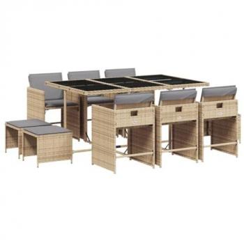 Set comedor de jardín 11 pzas con cojines ratán sintético beige
