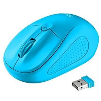Ratón Inalámbrico Trust Primo en Azul Neón con Alcance de 8M, 1000/1600DPI, Apto para Diestros y Zurdos, Incluye Micro Receptor USB y Funciona con 2 Pilas AAA