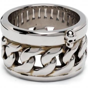 Alexander McQueen Men's Chain-Motif Band Ring with Skull Charm in Gray | Size 58 MM | 748270J160Y0446
