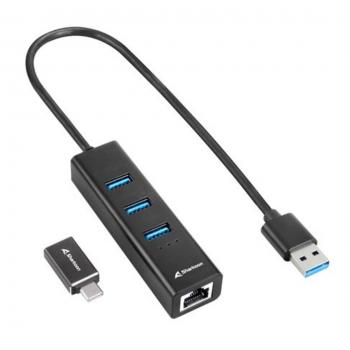 Sharkoon USB-C Hub 3-Port USB 3.2 Gen 1 + RJ45 Ethernet Adapter Aluminum Black