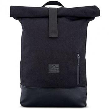 Mochila Roll Top Adam Large Negra - Rucksack Unisex de Algodón Canvas y Cuero Vegano, Impermeable y Flexible para Laptop de 16