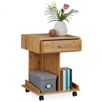 Mesa auxiliar con ruedas Rolli de bambú, 56.5 x 43 x 46 cm, con cajón y 2 estantes para libros, color marrón natural