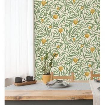 Papel Pintado Frutos Ocre y Hojas Verdes Fondo Marfil Claro - Rollo de 10 m x 0,53 m - GAULAN 682885