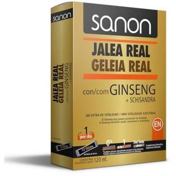 Sanon Jalea Real + Ginseng Suplemento Alimenticio 10 Ampollas, con extracto de jalea real y ginseng, presentado en ampollas de 10 ml cada una
