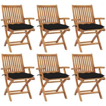 Folding Garden Chairs with Cushions - Set of 6 Solid Teak Wood