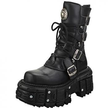 New Rock Unisex Black Leather Combat Platform Boots TANK373-S1 Size EU 43