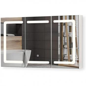 Armario de Baño con Espejo Táctil y Luz LED Regulable - 3 Puertas, Enchufe para Afeitadora, 100x60x13 cm