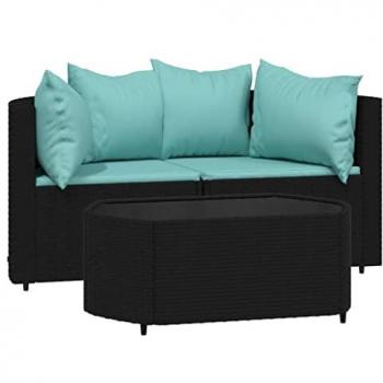 Set de muebles de jardín 3 piezas con cojines en ratán sintético negro