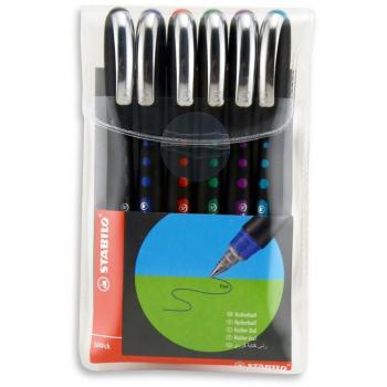 Estuche de 6 Bolígrafos Roller Tinta Líquida STABILO Bl@ck, Colores Surtidos, Punta Fina