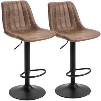 Set de 2 Taburetes de Bar Industriales con Respaldo, Reposapiés y Altura Regulable en Microfibra Marrón