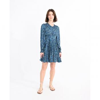 Vestido corto de manga larga con pliegues y estampado