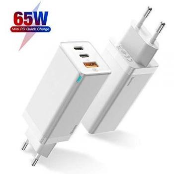 Baseus 65W USB C Cargador con GaN Tech, 3 puertos PD Cargador Móvil Type C1+Type C2+USB A Compatible con iPhone 11/11 Pro / XS, Google Pixel 3 / 3XL, MacBook Pro, iPad, Nintendo Switch, etc.